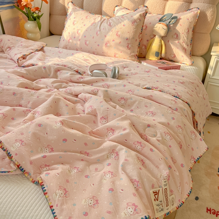 91家纺网 家纺一手货源 找家纺 韩巢家纺 2025夏季新款A类云感双层纱花边款夏被夏凉被空调被薄被子 贝壳边-小美冰激凌