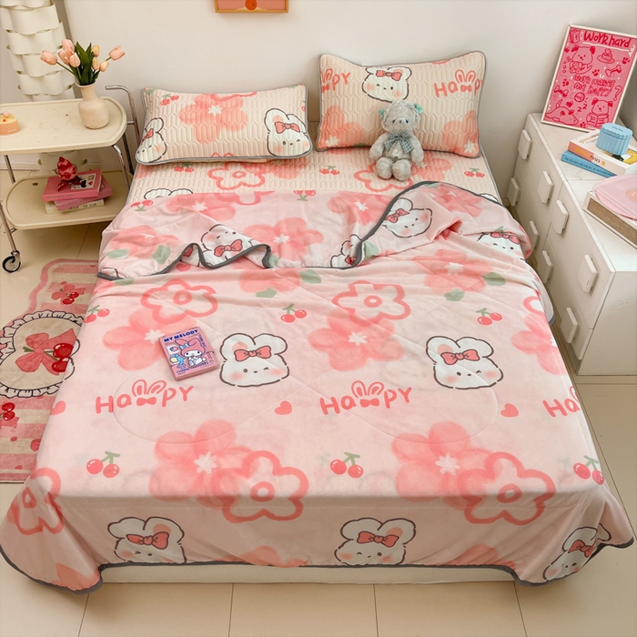 沐慕 2025新款小清新凉感丝夏被凉席四件套 花花粉兔