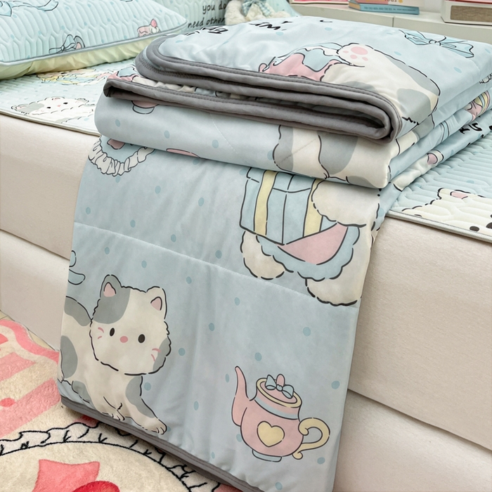 91家纺网 家纺一手货源 找家纺 沐慕 2025新款小清新凉感丝夏被凉席四件套 萌宠礼物