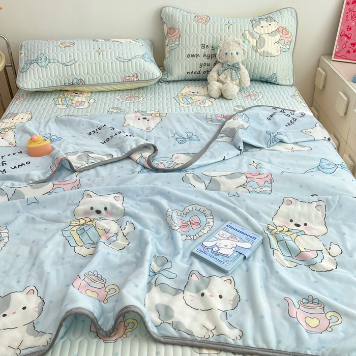 91家纺网 家纺一手货源 找家纺 沐慕 2025新款小清新凉感丝夏被凉席四件套 萌宠礼物