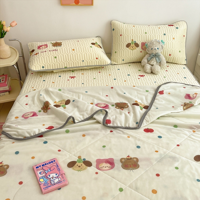 91家纺网 家纺一手货源 找家纺 沐慕 2025新款小清新凉感丝夏被凉席四件套 三小只