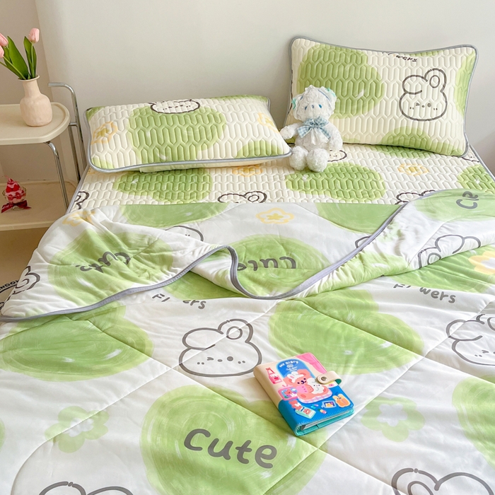 91家纺网 家纺一手货源 找家纺 沐慕 2025新款小清新凉感丝夏被凉席四件套 森系兔