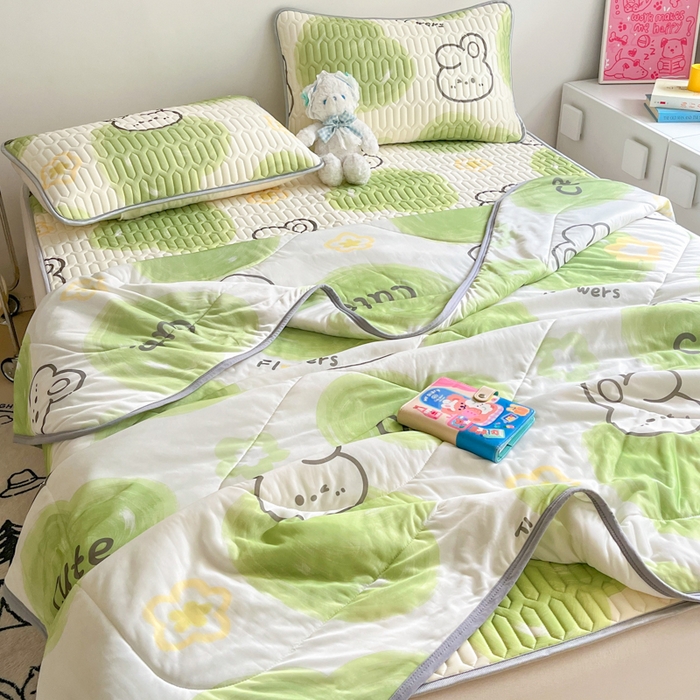 91家纺网 家纺一手货源 找家纺 沐慕 2025新款小清新凉感丝夏被凉席四件套 森系兔