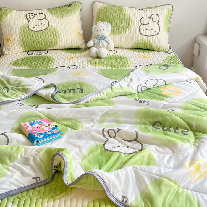 91家纺网 家纺一手货源 找家纺 沐慕 2025新款小清新凉感丝夏被凉席四件套 森系兔