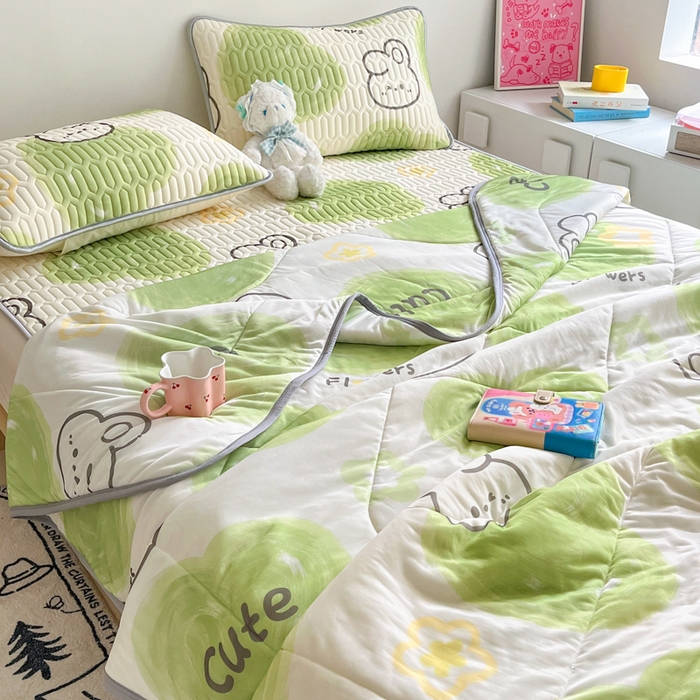 91家纺网 家纺一手货源 找家纺 沐慕 2025新款小清新凉感丝夏被凉席四件套 森系兔