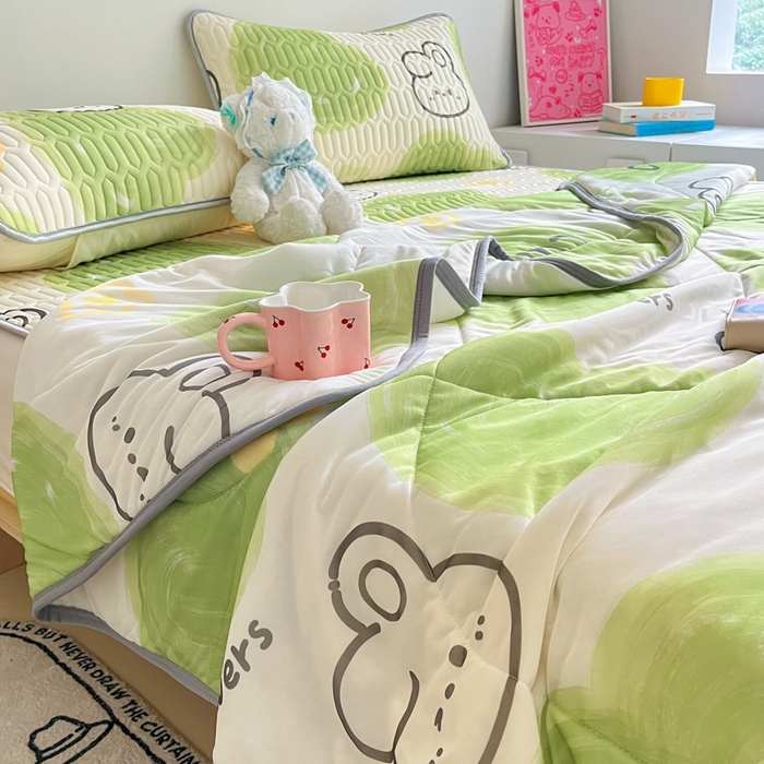 91家纺网 家纺一手货源 找家纺 沐慕 2025新款小清新凉感丝夏被凉席四件套 森系兔