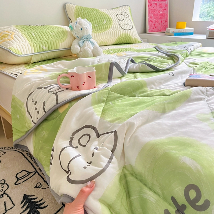 91家纺网 家纺一手货源 找家纺 沐慕 2025新款小清新凉感丝夏被凉席四件套 森系兔