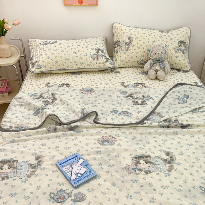 91家纺网 家纺一手货源 找家纺 沐慕 2025新款小清新凉感丝夏被凉席四件套 碎花小猫