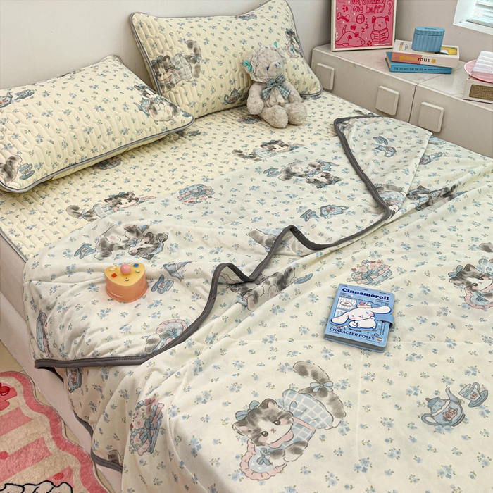 91家纺网 家纺一手货源 找家纺 沐慕 2025新款小清新凉感丝夏被凉席四件套 碎花小猫