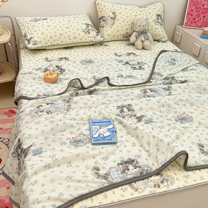 91家纺网 家纺一手货源 找家纺 沐慕 2025新款小清新凉感丝夏被凉席四件套 碎花小猫