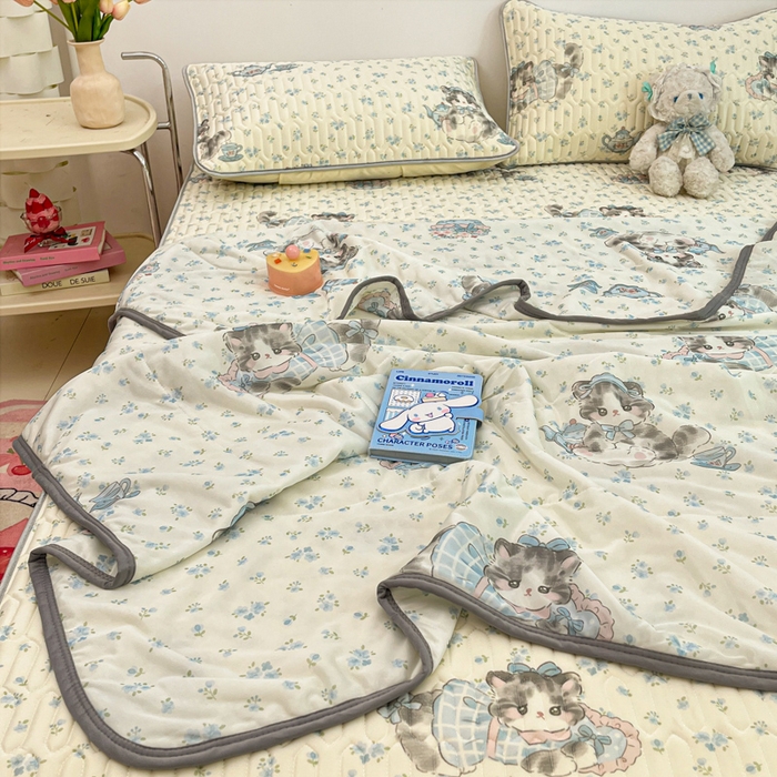 91家纺网 家纺一手货源 找家纺 沐慕 2025新款小清新凉感丝夏被凉席四件套 碎花小猫