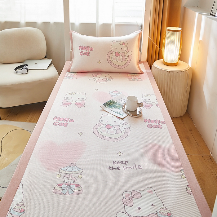 91家纺网 家纺一手货源 找家纺 沐慕 2025新款学生床小清新印花冰藤席 猫咪公主