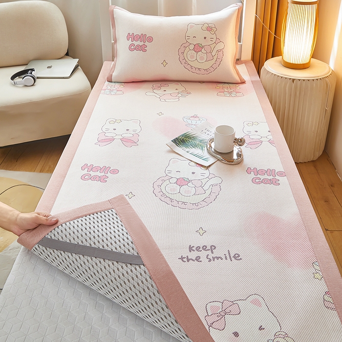 91家纺网 家纺一手货源 找家纺 沐慕 2025新款学生床小清新印花冰藤席 猫咪公主