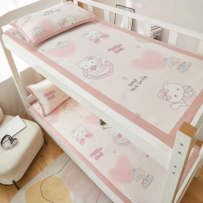 91家纺网 家纺一手货源 找家纺 沐慕 2025新款学生床小清新印花冰藤席 猫咪公主