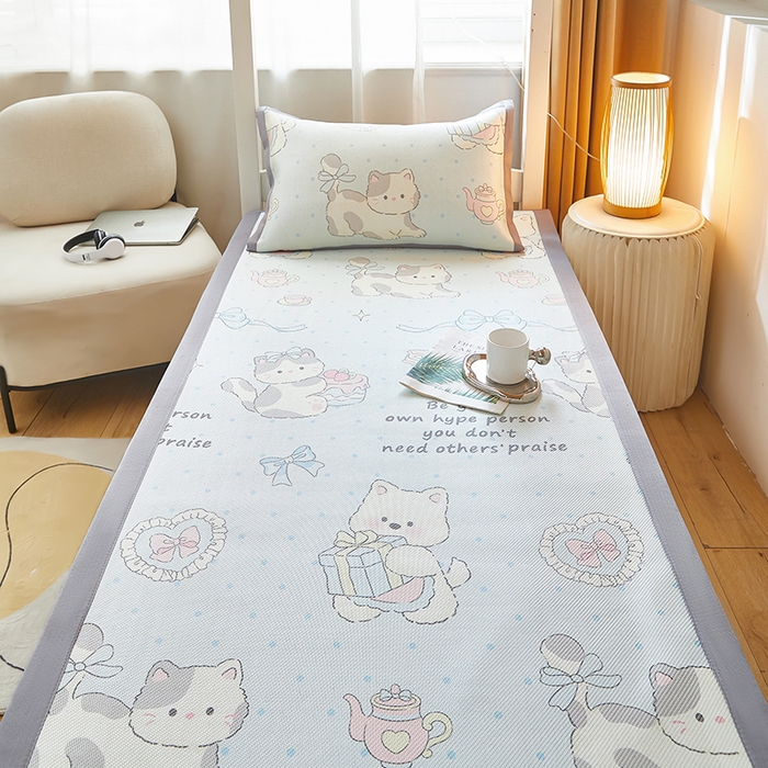 91家纺网 家纺一手货源 找家纺 沐慕 2025新款学生床小清新印花冰藤席 萌宠礼物