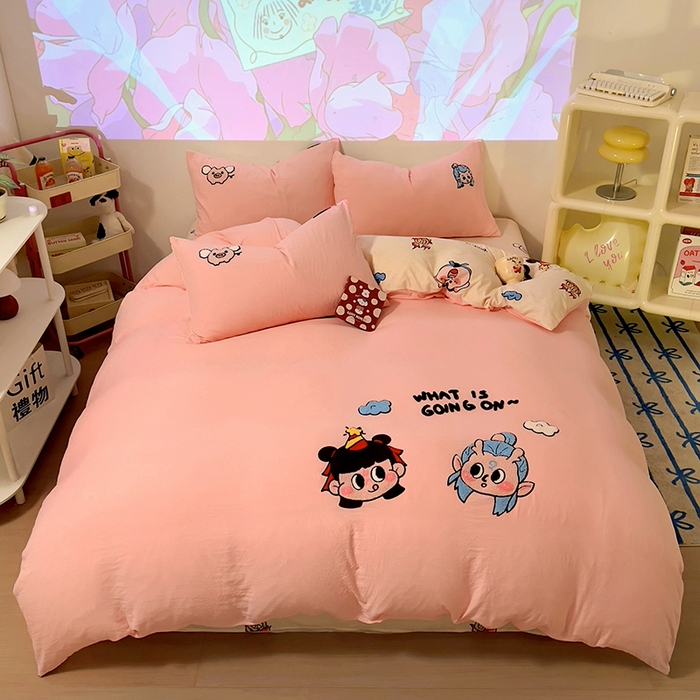 91家纺网 家纺一手货源 找家纺 易辰美 2025新款超软水洗棉毛巾绣四件套-系列二 哪吒敖冰粉