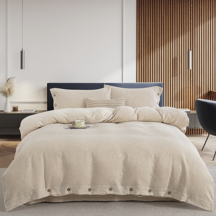 91家纺网 家纺一手货源 找家纺 鲁爱家纺供货 2025新款AB版棉麻纽扣款四件套  美眠