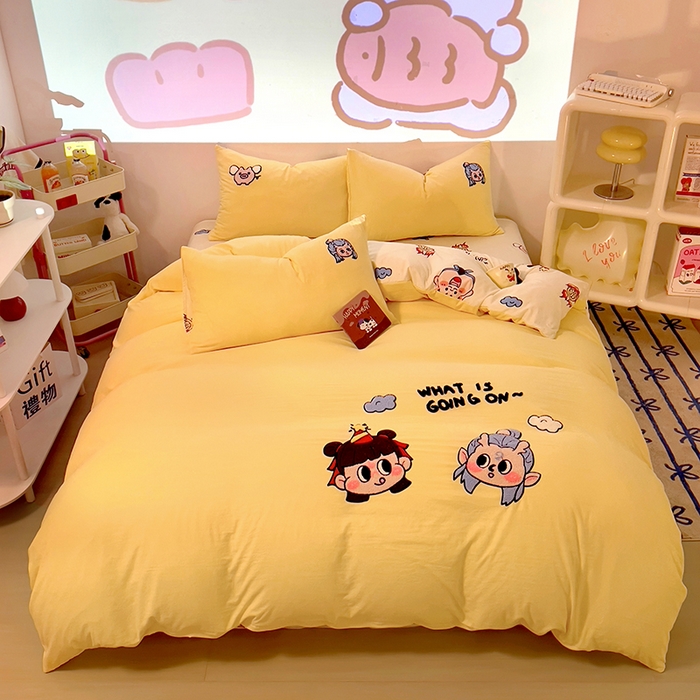 91家纺网 家纺一手货源 找家纺 易辰美 2025新款超软水洗棉毛巾绣四件套-系列二 哪吒敖冰黄