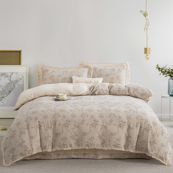 鲁爱家纺供货 2025新款AB版棉麻流苏款四件套 春晖-米咖