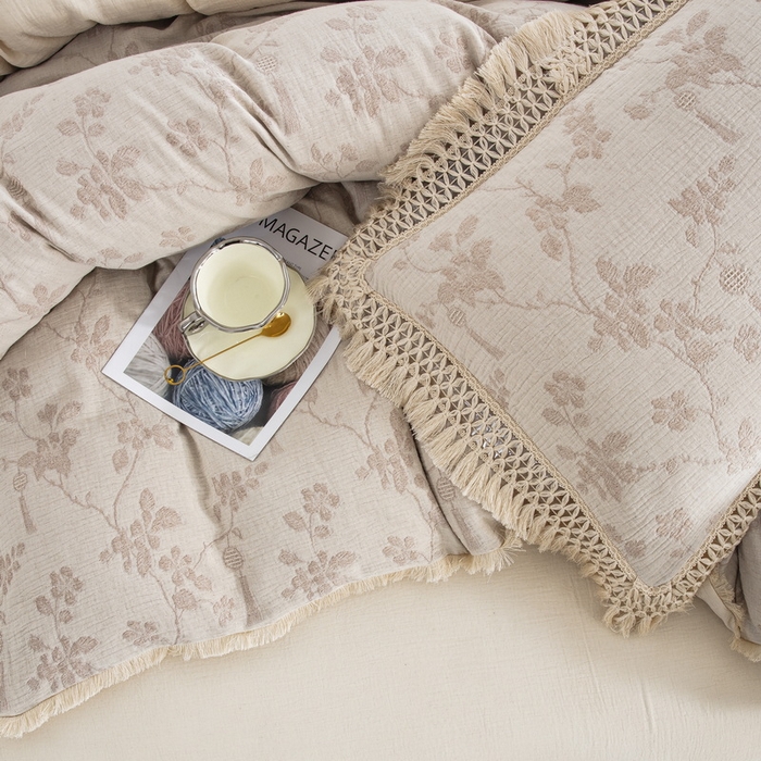 91家纺网 家纺一手货源 找家纺 鲁爱家纺供货 2025新款AB版棉麻流苏款四件套 春晖-米咖