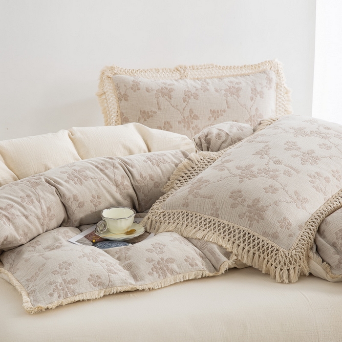 91家纺网 家纺一手货源 找家纺 鲁爱家纺供货 2025新款AB版棉麻流苏款四件套 春晖-米咖