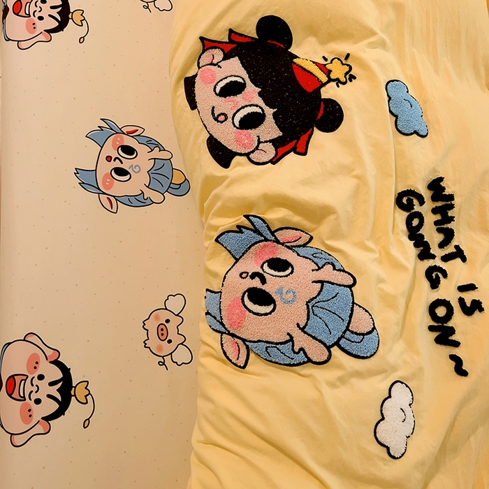 91家纺网 家纺一手货源 找家纺 易辰美 2025新款超软水洗棉毛巾绣四件套-系列二 哪吒敖冰黄