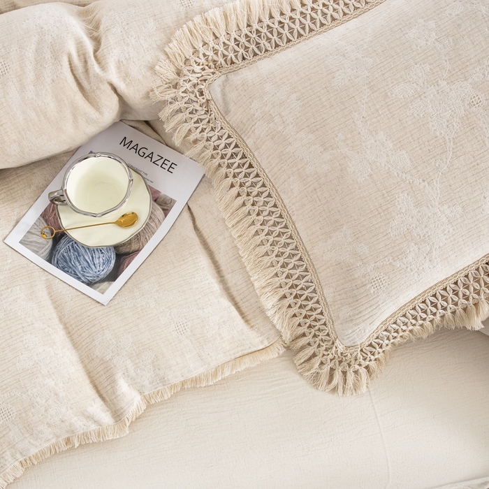 91家纺网 家纺一手货源 找家纺 鲁爱家纺供货 2025新款AB版棉麻流苏款四件套 春晖-原白