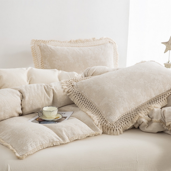 91家纺网 家纺一手货源 找家纺 鲁爱家纺供货 2025新款AB版棉麻流苏款四件套 春晖-原白