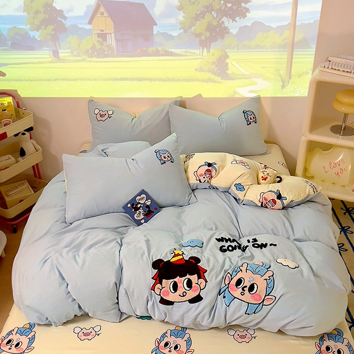 91家纺网 家纺一手货源 找家纺 易辰美 2025新款超软水洗棉毛巾绣四件套-系列二 哪吒敖冰兰