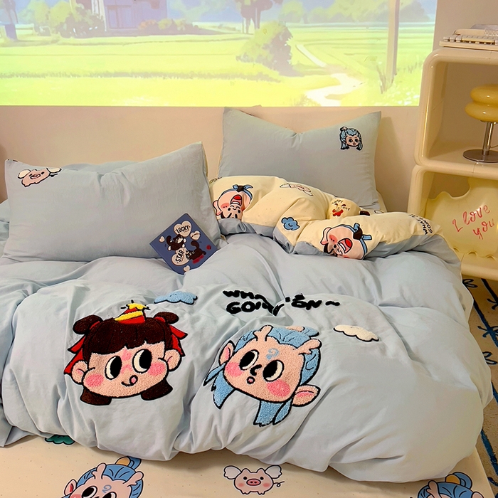 91家纺网 家纺一手货源 找家纺 易辰美 2025新款超软水洗棉毛巾绣四件套-系列二 哪吒敖冰兰