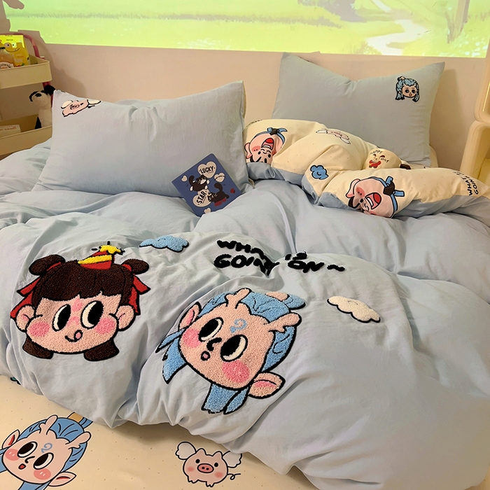 91家纺网 家纺一手货源 找家纺 易辰美 2025新款超软水洗棉毛巾绣四件套-系列二 哪吒敖冰兰