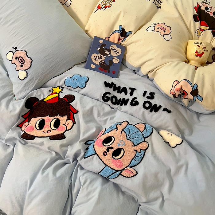 91家纺网 家纺一手货源 找家纺 易辰美 2025新款超软水洗棉毛巾绣四件套-系列二 哪吒敖冰兰