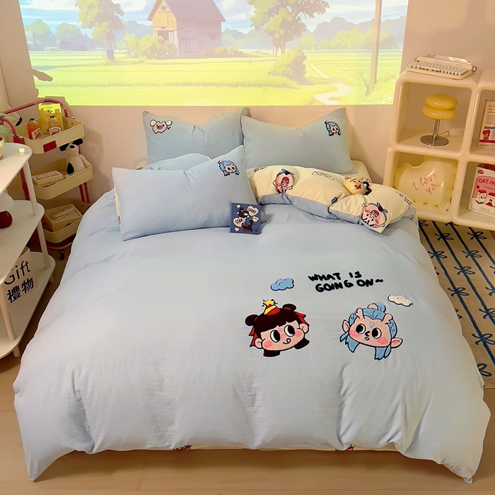 91家纺网 家纺一手货源 找家纺 易辰美 2025新款超软水洗棉毛巾绣四件套-系列二 哪吒敖冰兰