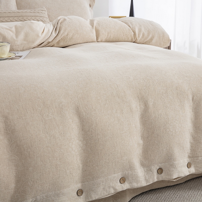 91家纺网 家纺一手货源 找家纺 鲁爱家纺供货 2025新款AB版棉麻纽扣款四件套  美眠