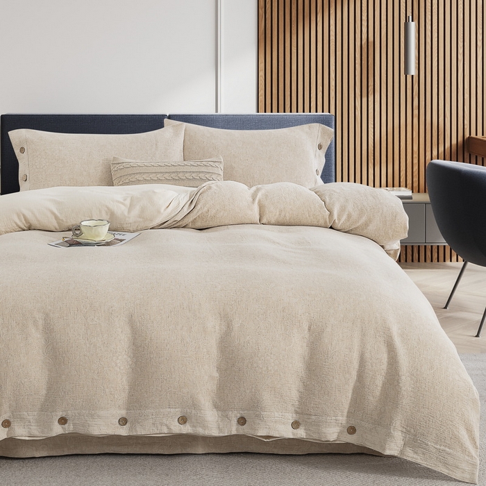 91家纺网 家纺一手货源 找家纺 鲁爱家纺供货 2025新款AB版棉麻纽扣款四件套  美眠