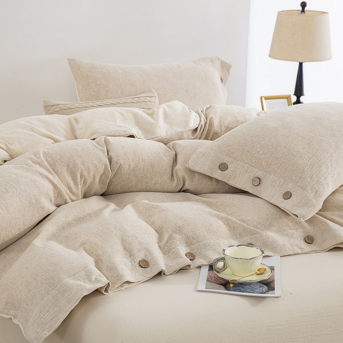 91家纺网 家纺一手货源 找家纺 鲁爱家纺供货 2025新款AB版棉麻纽扣款四件套  美眠