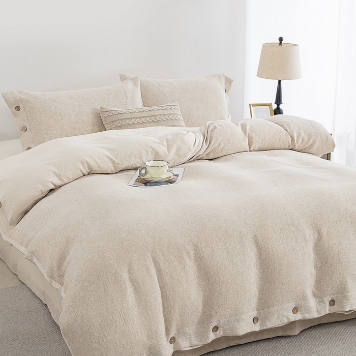 91家纺网 家纺一手货源 找家纺 鲁爱家纺供货 2025新款AB版棉麻纽扣款四件套  美眠