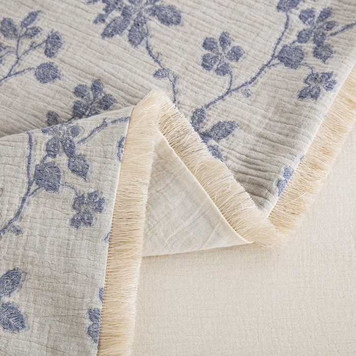 91家纺网 家纺一手货源 找家纺 鲁爱家纺供货 2025新款AB版棉麻流苏款四件套 春晖-蓝白