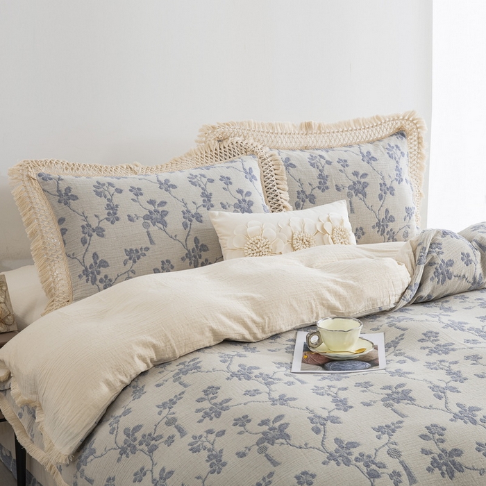 91家纺网 家纺一手货源 找家纺 鲁爱家纺供货 2025新款AB版棉麻流苏款四件套 春晖-蓝白