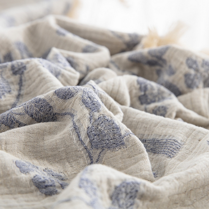 91家纺网 家纺一手货源 找家纺 鲁爱家纺供货 2025新款AB版棉麻流苏款四件套 春晖-蓝白