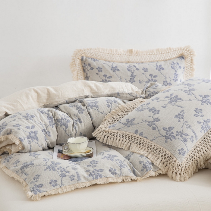 91家纺网 家纺一手货源 找家纺 鲁爱家纺供货 2025新款AB版棉麻流苏款四件套 春晖-蓝白