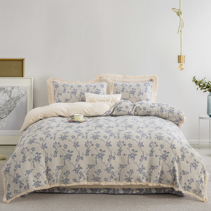 鲁爱家纺供货 2025新款AB版棉麻流苏款四件套 春晖-蓝白