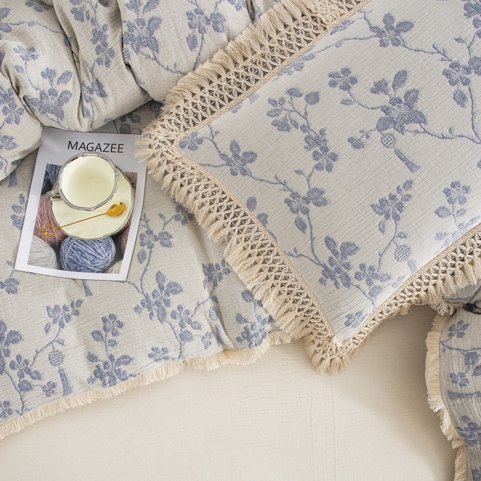 91家纺网 家纺一手货源 找家纺 鲁爱家纺供货 2025新款AB版棉麻流苏款四件套 春晖-蓝白