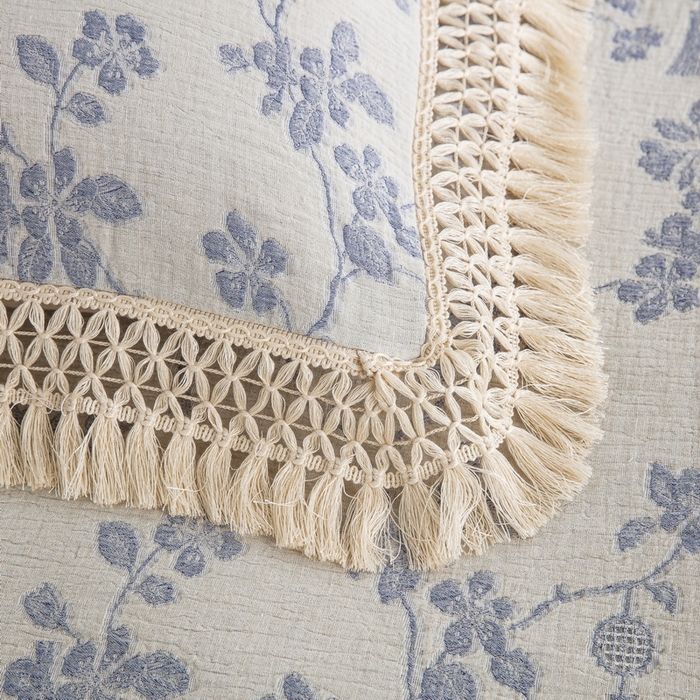 91家纺网 家纺一手货源 找家纺 鲁爱家纺供货 2025新款AB版棉麻流苏款四件套 春晖-蓝白