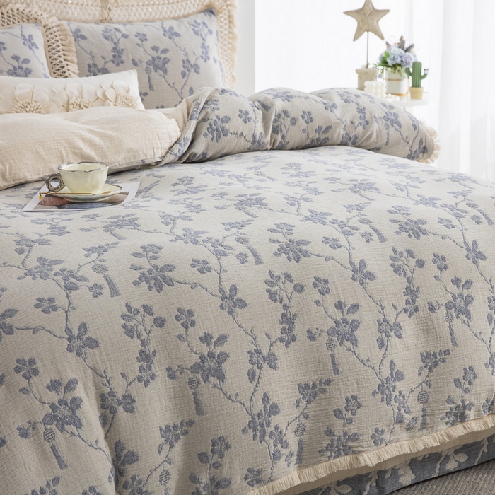 91家纺网 家纺一手货源 找家纺 鲁爱家纺供货 2025新款AB版棉麻流苏款四件套 春晖-蓝白