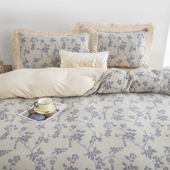 91家纺网 家纺一手货源 找家纺 鲁爱家纺供货 2025新款AB版棉麻流苏款四件套 春晖-蓝白