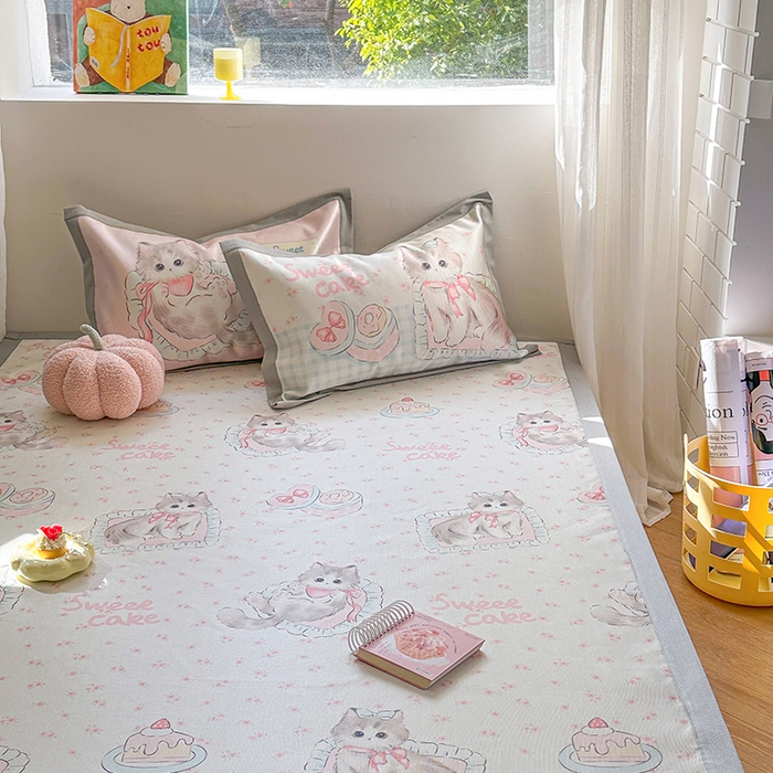 91家纺网 家纺一手货源 找家纺 沐慕 2025新款时尚数码印花600D冰丝凉席系列 冰丝-玫瑰粉喵