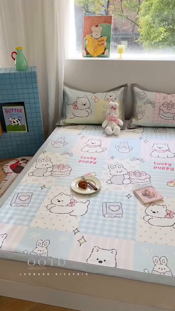 91家纺网 家纺一手货源 找家纺 沐慕 2025新款时尚数码印花600D冰丝凉席系列 冰丝-甜心宝贝