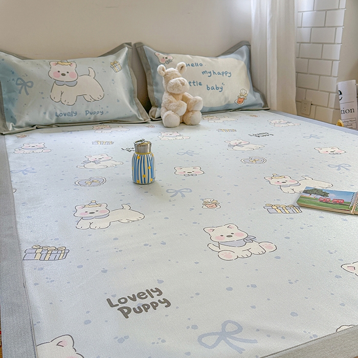 91家纺网 家纺一手货源 找家纺 沐慕 2025新款时尚数码印花600D冰丝凉席系列 冰丝-西高地蓝