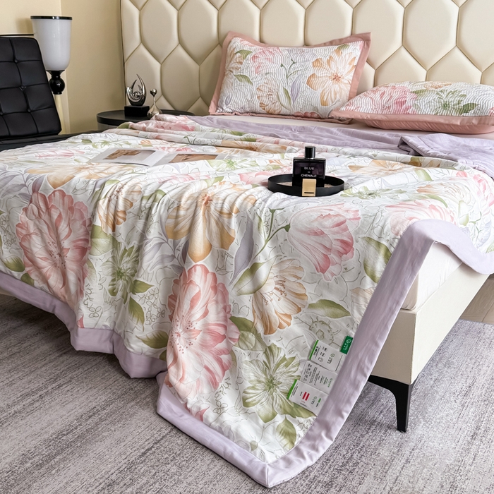 91家纺网 家纺一手货源 找家纺 晨晨家纺 2025新款A类印花莱赛尔天丝软席床盖三件套 澜梦